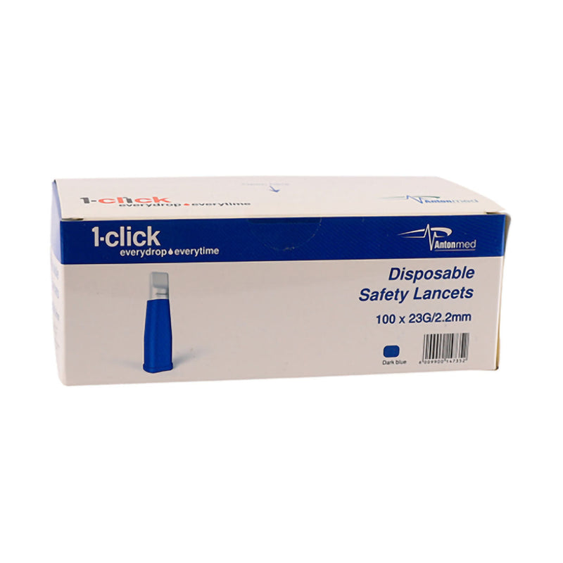 Box of 100 1-Click dark blue disposable safety lancets, 23g x 2.2mm