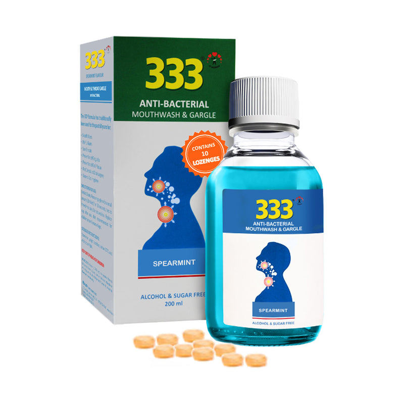 333 Antibacterial Mouthwash & Gargle Spearmint 200ml with 10 lozenges, bottle and box