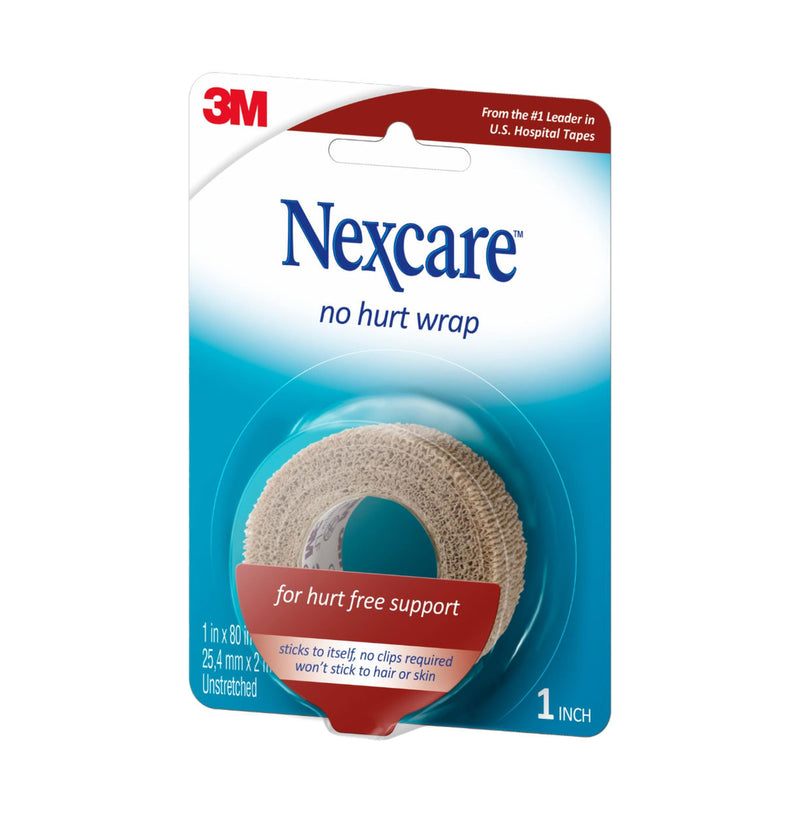 Front of 3M Nexcare No Hurt Beige Wrap, 25.4mm x 2m, with wrap roll visible