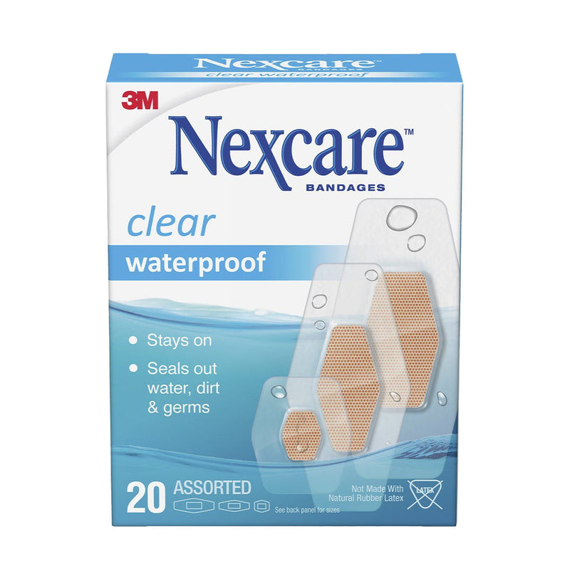 Front of the 3M Nexcare Waterproof Clear Assorted Bandages 20 Pack box