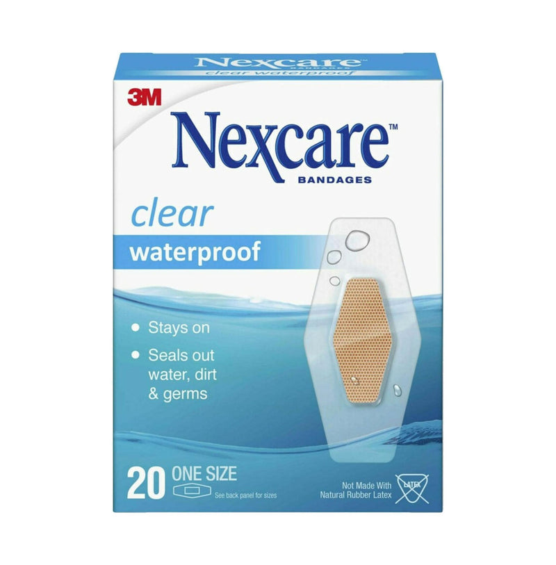Front packaging for 3M Nexcare Waterproof Clear Bandages, One Size, 20 Pack