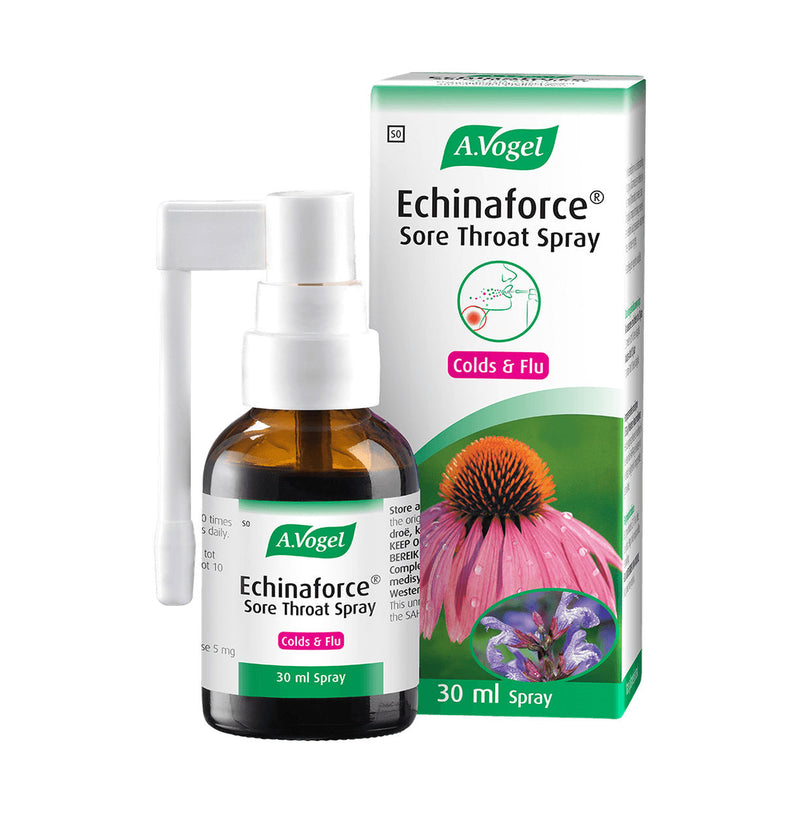 A.Vogel Echinaforce Sore Throat Colds & Flu Spray 30ml bottle and box, front view