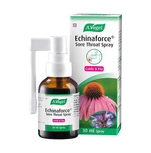 A.Vogel Echinaforce Sore Throat Colds & Flu Spray 30ml bottle and box, front view