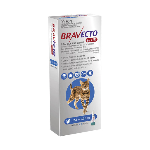 Bravecto Plus For Cats 2.8kg - 6.25kg Medium 250mg Pipette