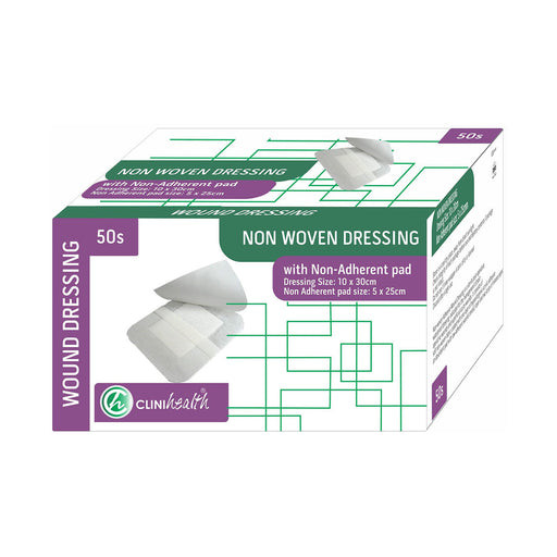 Clinihealth non-woven adhesive dressing with pad 10 x 30 cm 50 pack