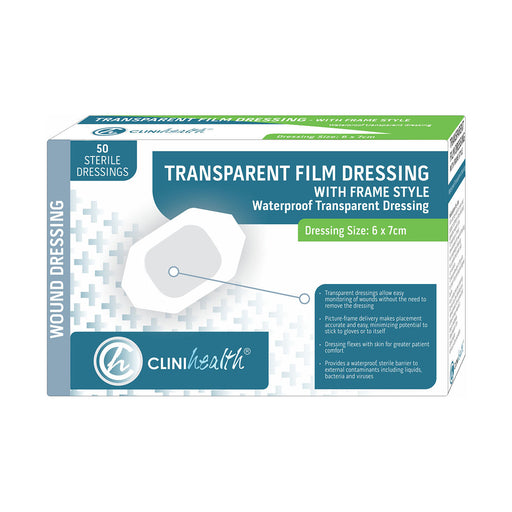 Clinihealth transparent film dressing with frame 6 x 7 cm 50 pack