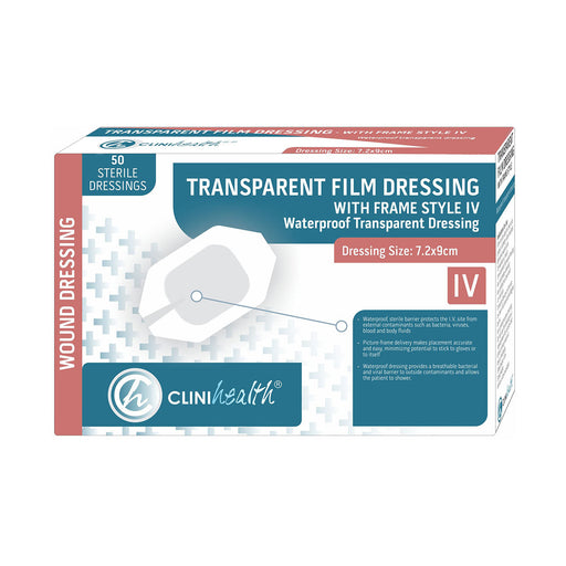 Clinihealth transparent IV film dressing with frame 7.2 x 9 cm 50 pack