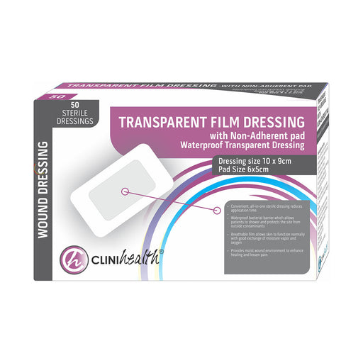 Clinihealth transparent film dressing with non-adherent pad 10 x 9 cm 50 pack
