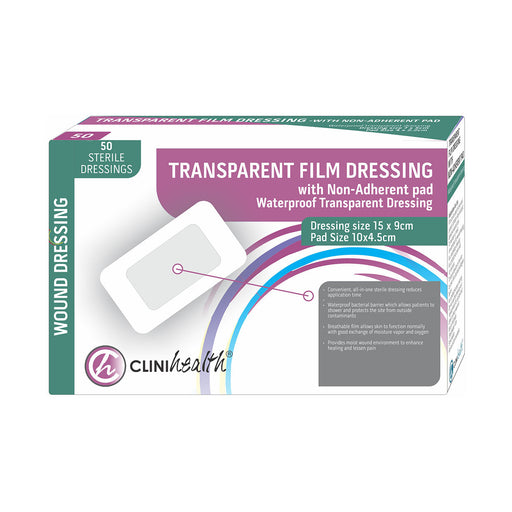 Clinihealth transparent film dressing with non-adherent pad 15 x 9 cm 50 pack