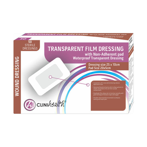 Clinihealth transparent film dressing with non-adherent pad 25 x 10 cm 50 pack