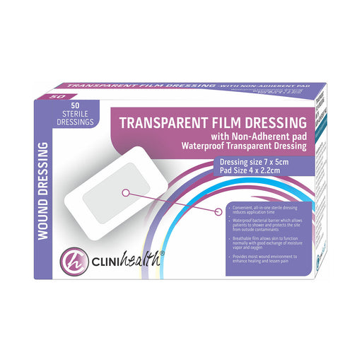 Clinihealth transparent film dressing with non-adherent pad 7 x 5 cm 50 pack