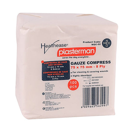 Healthease Plasterman Gauze Compress 75mm x 75mm 8 Ply N S 100 Pack