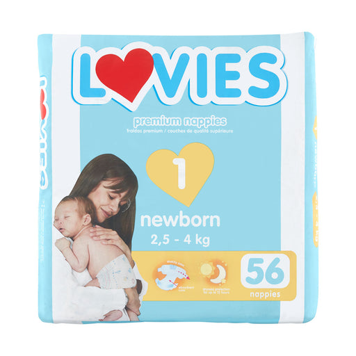 Lovies Premium Nappies Newborn 1 2.5 - 4kg Value 56 Nappies