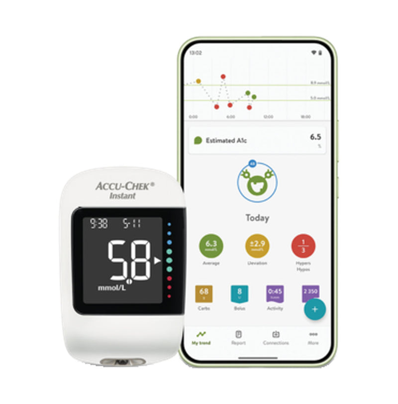 Accu-Chek Instant Meter Kit beside a smartphone displaying blood glucose data