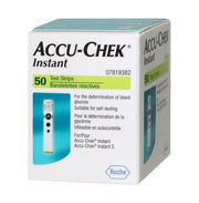 Front and side view of Accu-Chek Instant Test Strips, 50 pack, in its box