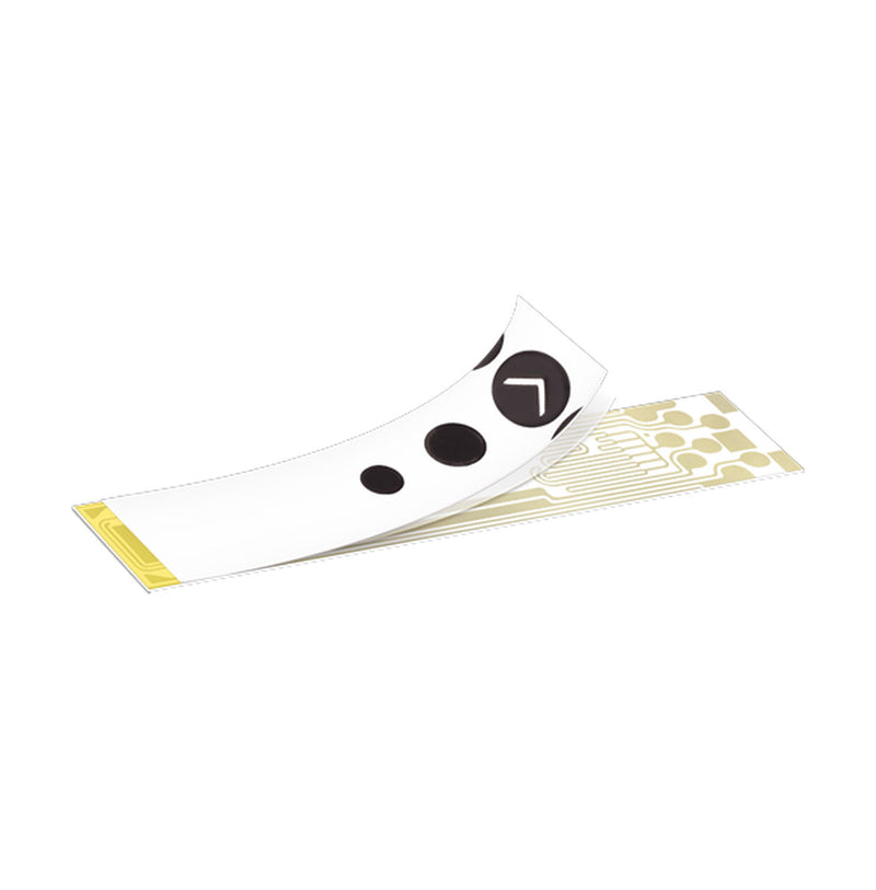 Accu-Chek Instant test strip showing the contact end and blood application area