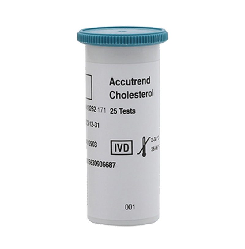 Accutrend Cholesterol Test Strips, 25 pack, shown in a labelled vial