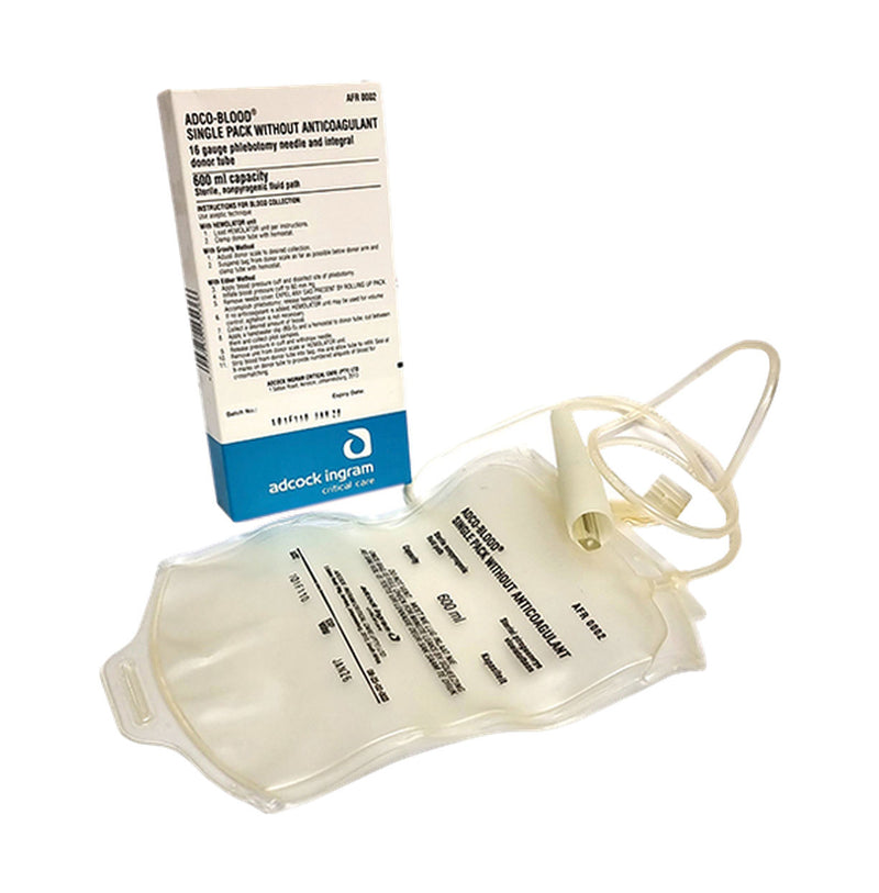Adcock Ingram Venesection Without Anticoagulant Blood Collection Set 600ml, packaging and collection bag with tubing