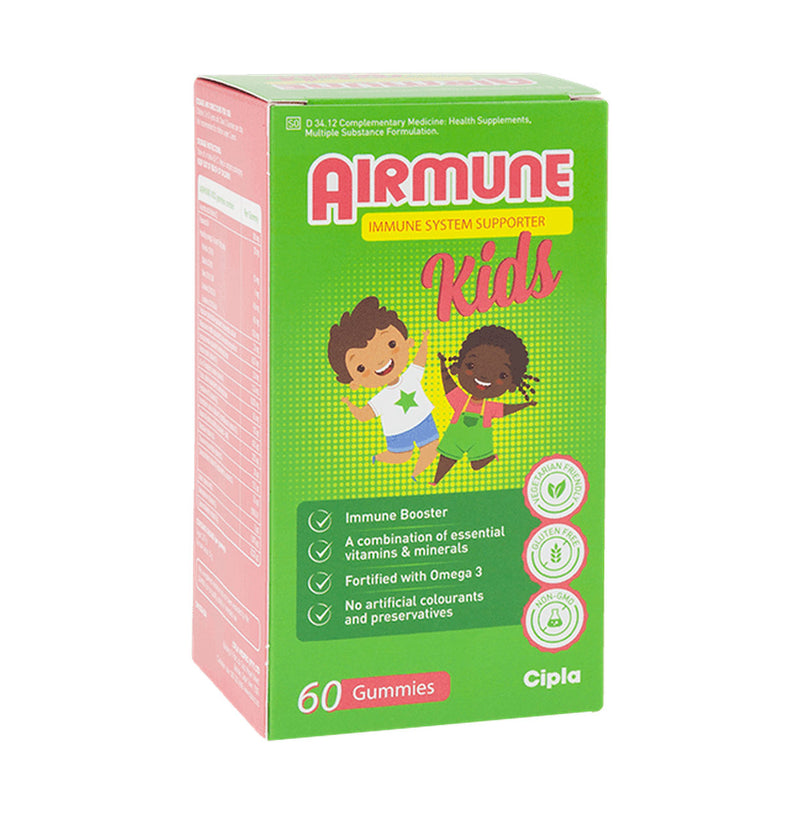 Airmune Kids Gummies 60 Pack, front label with children illustrations and side panel visible