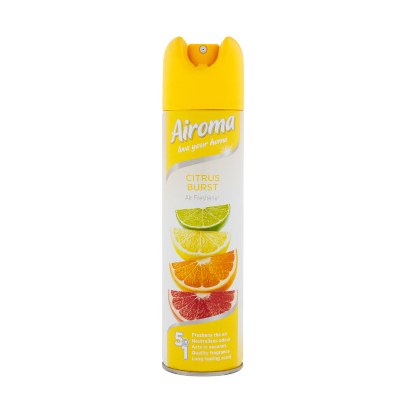 Front of Airoma Citrus Burst aerosol air freshener, 210ml