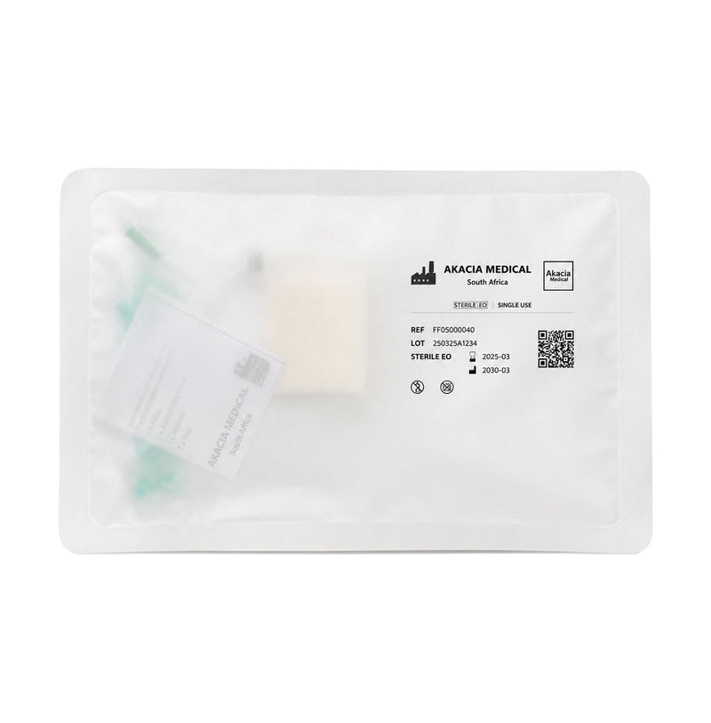 Akacia Medical disposable mouth dressing tray, PT080040, shown in sealed packaging