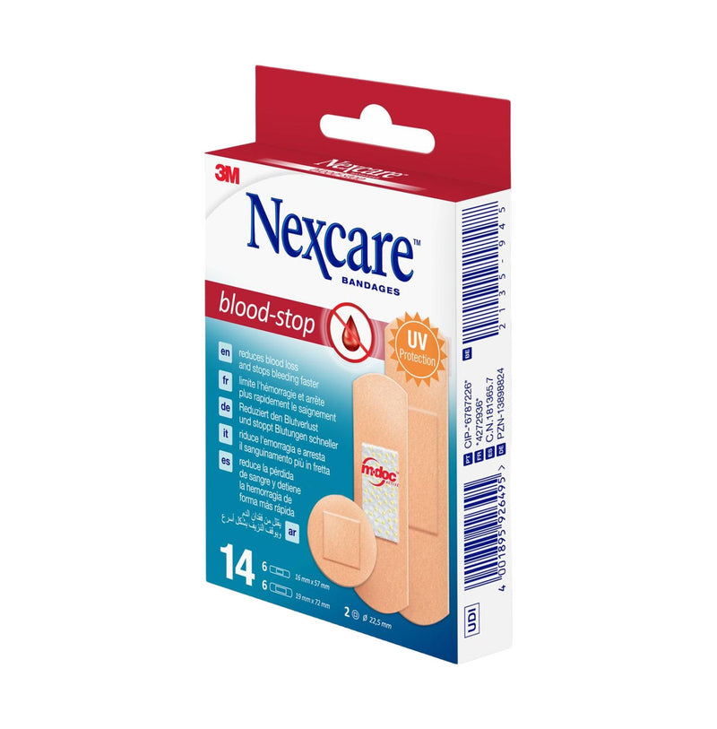 Front of Nexcare Blood-Stop Assorted Plasters 14 Pack packaging