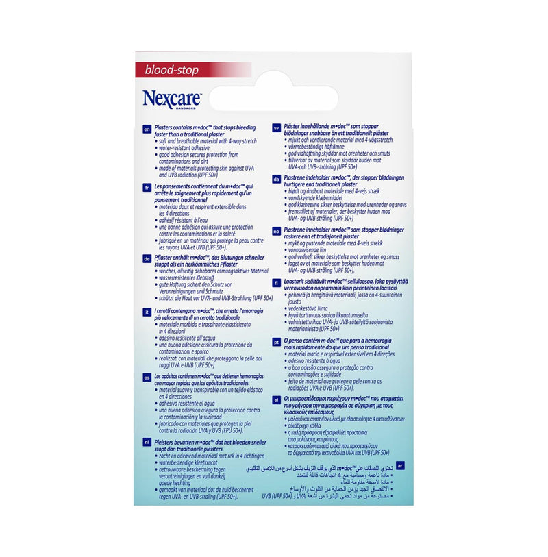 Back of Nexcare Blood-Stop Assorted Plasters 14 Pack packaging with multilingual product information