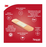 Nexcare Blood-Stop Assorted Plasters 14 Pack graphic showing a plaster and product feature callouts