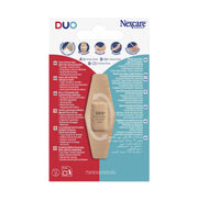 Back of Nexcare Duo Plasters Assorted 20 Plasters packaging, with a plaster displayed at the centre