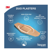 Nexcare Duo Plasters Assorted 20 Plasters graphic showing a plaster with feature icons