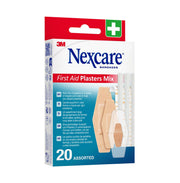 Front of Nexcare First Aid Mix Assorted Plasters 20 Pack packaging, with assorted plaster shapes shown