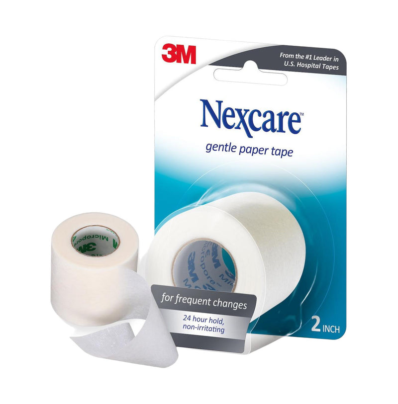 Nexcare Gentle Paper Tape 5.08cm x 9.14m package with a tape roll and loose strip visible