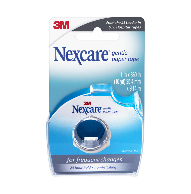 Front view of Nexcare Gentle Paper Tape with Dispenser, 2.54cm x 9.14m