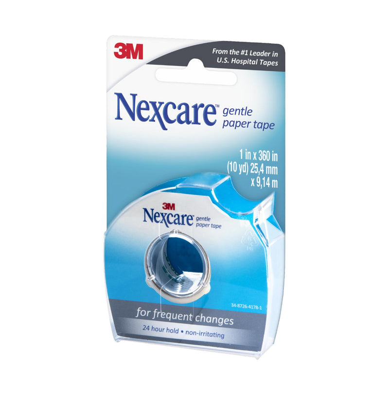 Front packaging view of Nexcare Paper Tape with Dispenser Gentle, 2.54cm x 9.14m