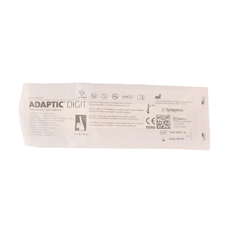 Front packaging of Solventum 3M Adaptic Digit Non-Adhering Large Dressing, 2.8cm, 1 Unit, MAD023
