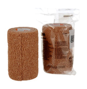 Solventum 3M Coban Tan Self-Adherent Wrap 10cm x 4.5m, roll beside packaged roll, reference 1584