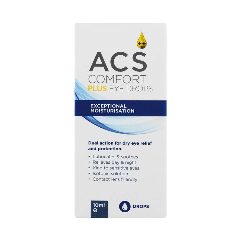 Front of ACS Comfort Plus Eye Drops 10ml packaging